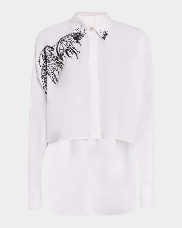 Teddy Beaded High-Low Button-Down Shirt